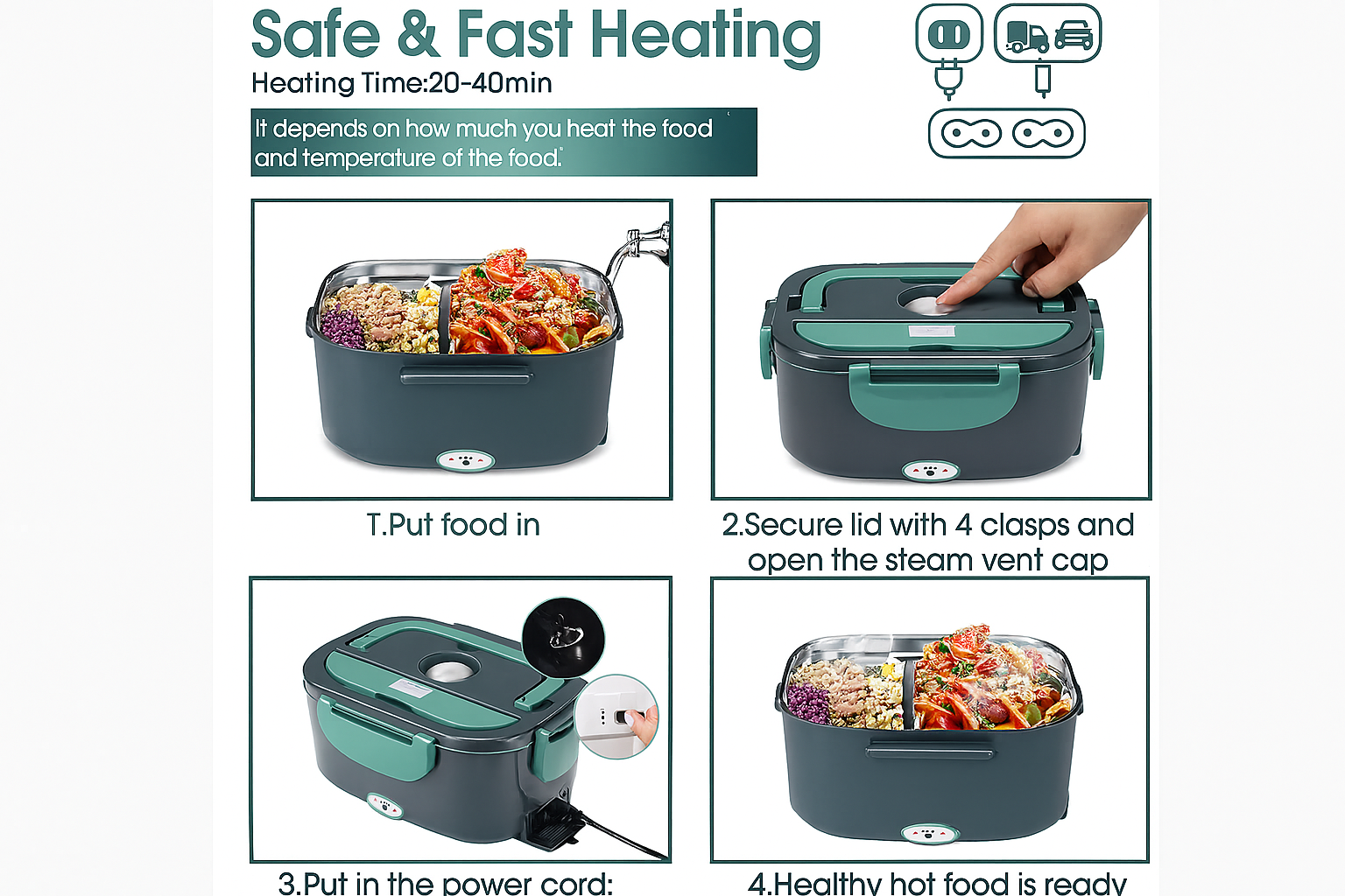 110V/12V/24V 40W 60W 80W Warmer Lunch Box Food Heater 2 Compartments Electric Lunch Box for Adults Car Truck Work Travel